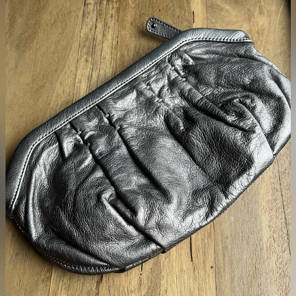 GAP Leather Ruched Clutch Bag Pewter-Silver